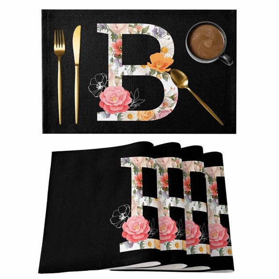 Black Letter B Flower Placemats Set of 1, Watercolor Alphabet B Pink Beige Floral Leaf Non-Slip Place Mats Washable Table Mats for Kitchen Dining Table Decorations Indoor/Outdoor