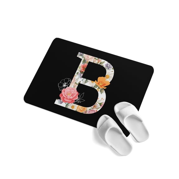Black Letter B Flower Soft Diatomaceous Earth Mat, Watercolor Alphabet B Pink Beige Floral Leaf Absorbent Bath Mat Non Slip Rubber Backed Quick Dry Doormat Fit Under Door for Bathroom Kitchen 16"x24"