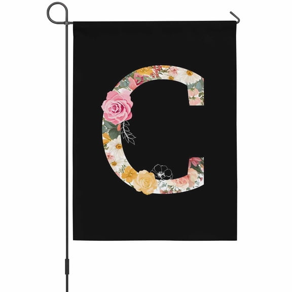 Black Letter C Flower Garden Flag 12 x 18 Inches, Watercolor Alphabet C Pink Beige Floral Leaf Weather Proof Outdoor Patio Flags Double Sided Small Garden Decoration for Yard Outside Home