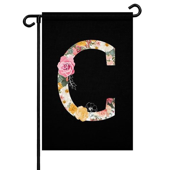 Black Letter C Flower Garden Flag 12x18 Inch Watercolor Alphabet C Pink Beige Floral Leaf Double Sided Small Decorative Garden Flags for Outside, Outdoor Yard Porch Lawn Decoration