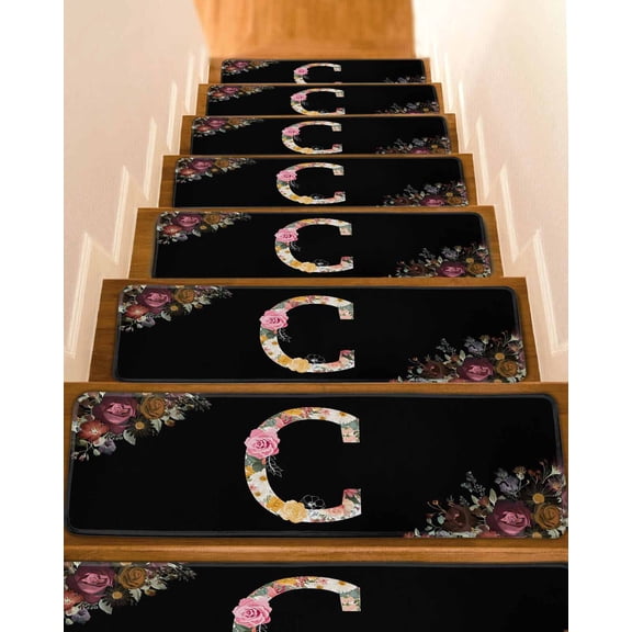 Black Letter C Flower Stair Treads Watercolor Alphabet C Pink Beige Floral Leaf Indoor Non Slip Peel and Stick Stair Treads for Wooden Steps 4 PCS, Soft Adhesive Staircase Mats Runner Rugs 8"x30"