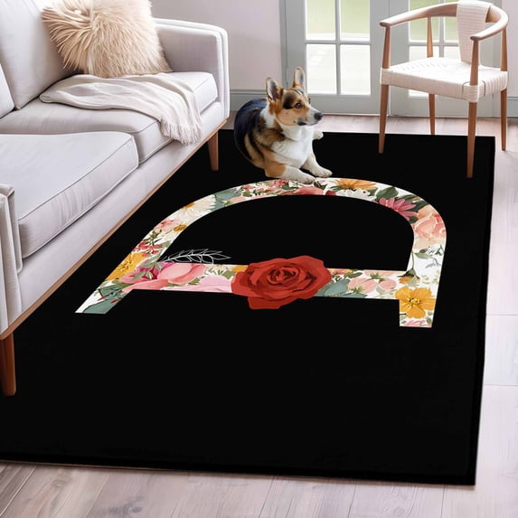 Black Letter D Flower Area Rugs 4x6 ft Watercolor Alphabet D Pink Beige Floral Leaf Washable Rug Non Slip Indoor Carpet Absorbent Floor Mat for Living Room Bedroom Dining Room