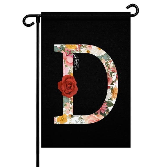 Black Letter D Flower Garden Flag 12x18 Inch Watercolor Alphabet D Pink Beige Floral Leaf Double Sided Small Decorative Garden Flags for Outside, Outdoor Yard Porch Lawn Decoration