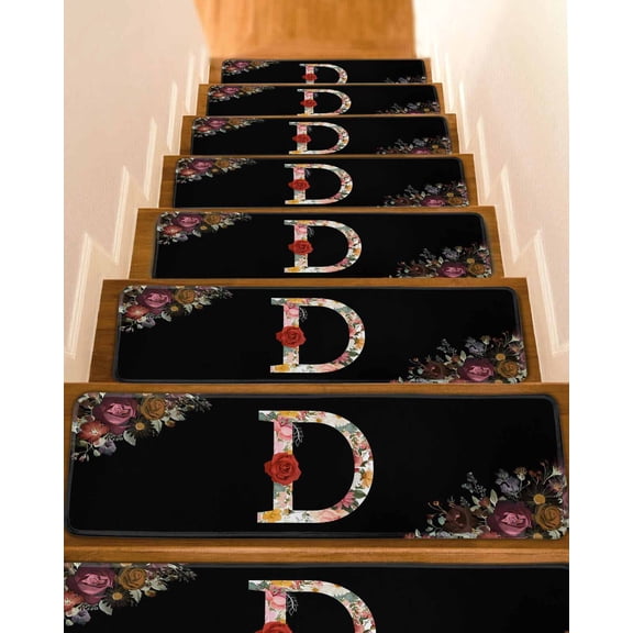 Black Letter D Flower Stair Treads Watercolor Alphabet D Pink Beige Floral Leaf Indoor Non Slip Peel and Stick Stair Treads for Wooden Steps 4 PCS, Soft Adhesive Staircase Mats Runner Rugs 8"x30"