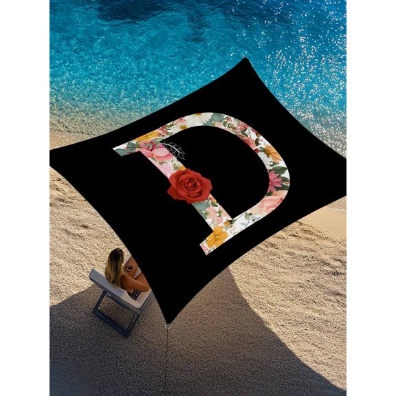 Black Letter D Flower Sun Shade Sail 6.5' x 10', Watercolor Alphabet D Pink Beige Floral Leaf Rectangle Outdoor Sunshade Canopy, Waterproof UV Block Patio Covers for Garden Yard Beach
