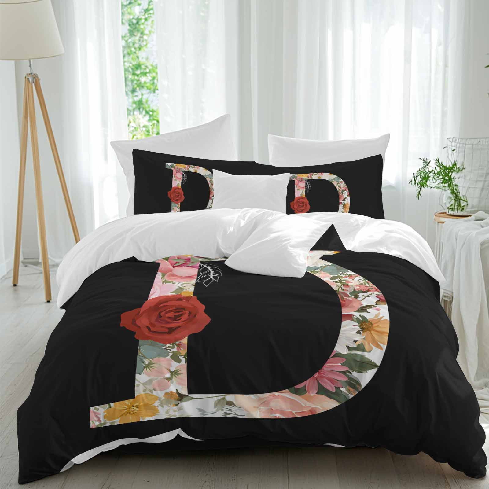 Black Letter D Flower Twin Duvet Cover Set, Watercolor Alphabet D Pink ...