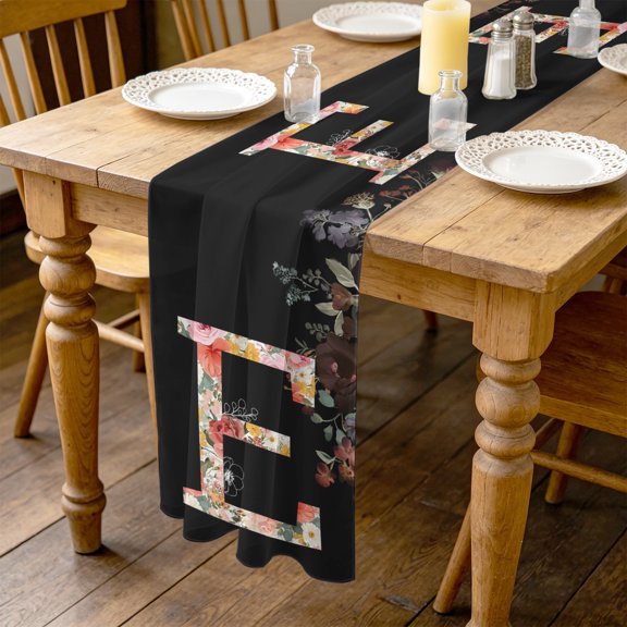 Black Letter E Flower 10ft Cheesecloth Table Runner for Wedding 27"x120", Watercolor Alphabet E Pink Beige Floral Leaf Kitchen Dinner Sheer Tulle Chiffon Dresser Scarf, Holiday Party Decorations