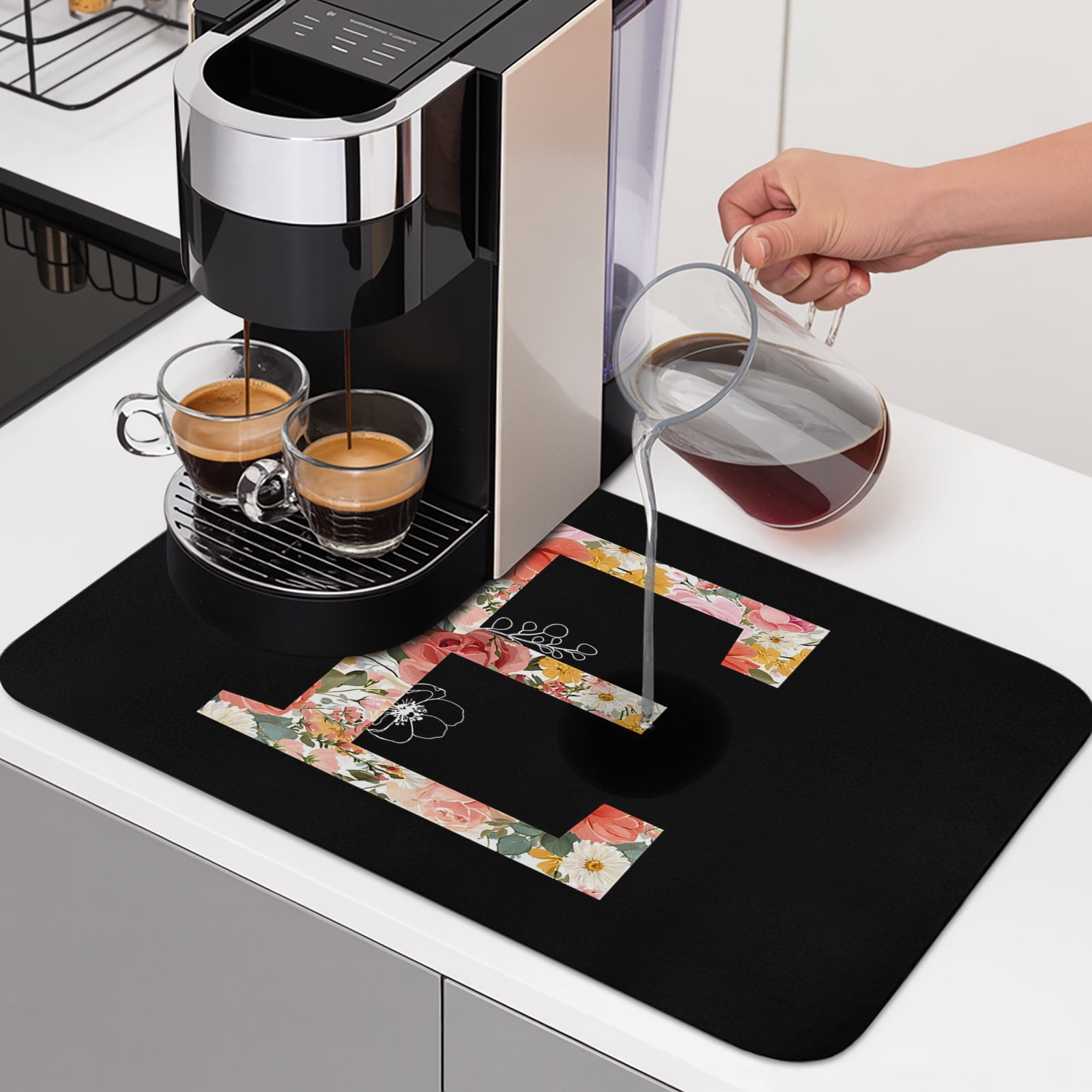 Black Letter E Flower Dish Drying Mats for Kitchen Counter, Watercolor ...