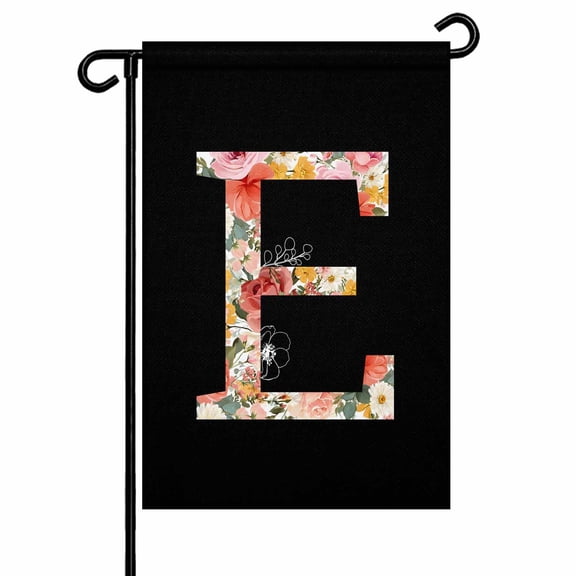 Black Letter E Flower Garden Flag 12x18 Inch Watercolor Alphabet E Pink Beige Floral Leaf Double Sided Small Decorative Garden Flags for Outside, Outdoor Yard Porch Lawn Decoration