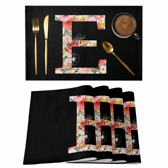 Black Letter E Flower Placemats Set of 1, Watercolor Alphabet E Pink Beige Floral Leaf Non-Slip Place Mats Washable Table Mats for Kitchen Dining Table Decorations Indoor/Outdoor