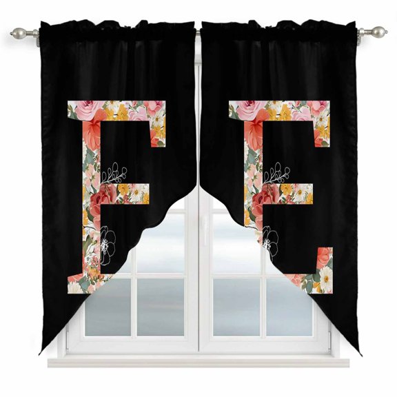 Black Letter E Flower Swag Curtain Valance for Window 2 Panels Watercolor Alphabet E Pink Beige Floral Leaf Rod Pocket Small Window Swag Valances for Kitchen Bedroom Bathroom 36" W x 45" L