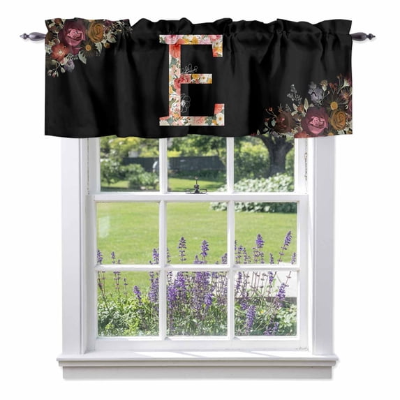 Black Letter E Flower Valance Curtain for Windows Watercolor Alphabet E Pink Beige Floral Leaf Rod Pocket Curtain Valances Short Window Treatments for Kitchen Bathroom Laundry Basement 60 x 14 Inch
