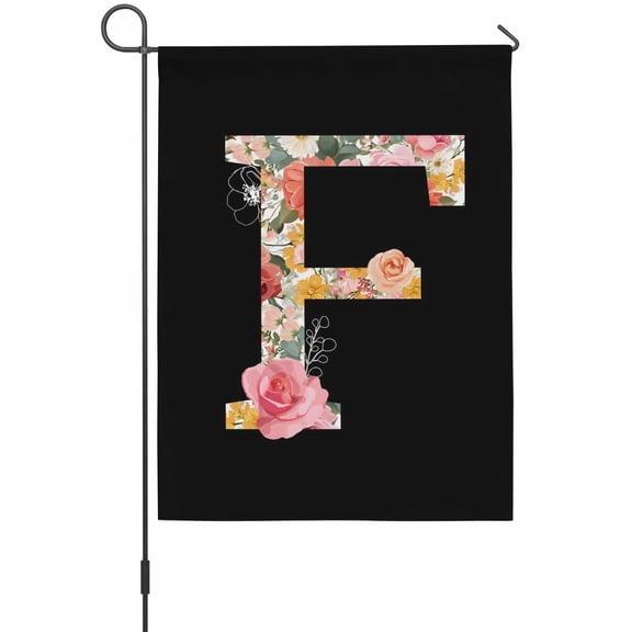 Black Letter F Flower House Flag 28 x 40 Inches, Watercolor Alphabet F Pink Beige Floral Leaf Weather Proof Outdoor Patio Flags Double Sided Small House Decoration for Yard Lawn Outside Home