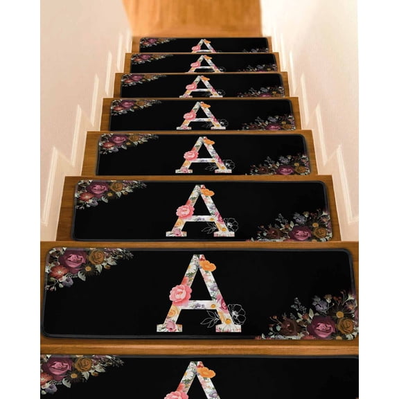 Black Letter A Flower Stair Treads Watercolor Alphabet A Pink Beige Floral Leaf Indoor Non Slip Peel and Stick Stair Treads for Wooden Steps 4 PCS, Soft Adhesive Staircase Mats Runner Rugs 8"x30"