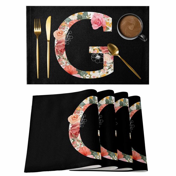Black Letter G Flower Cotton Linen Placemats Set of 1, Watercolor Alphabet G Pink Beige Floral Leaf Washable Table Place Mats Heat Insulating Placemat for Dining Room Kitchen Daily Use 13 x 19 Inch