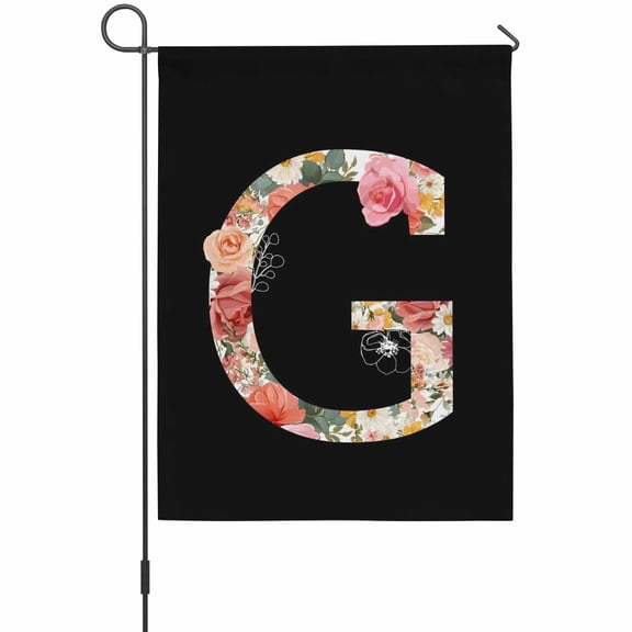 Black Letter G Flower House Flag 28 x 40 Inches, Watercolor Alphabet G Pink Beige Floral Leaf Weather Proof Outdoor Patio Flags Double Sided Small House Decoration for Yard Lawn Outside Home