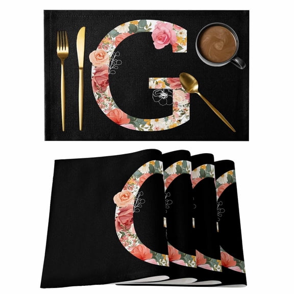 Black Letter G Flower Placemats Set of 1, Watercolor Alphabet G Pink Beige Floral Leaf Non-Slip Place Mats Washable Table Mats for Kitchen Dining Table Decorations Indoor/Outdoor