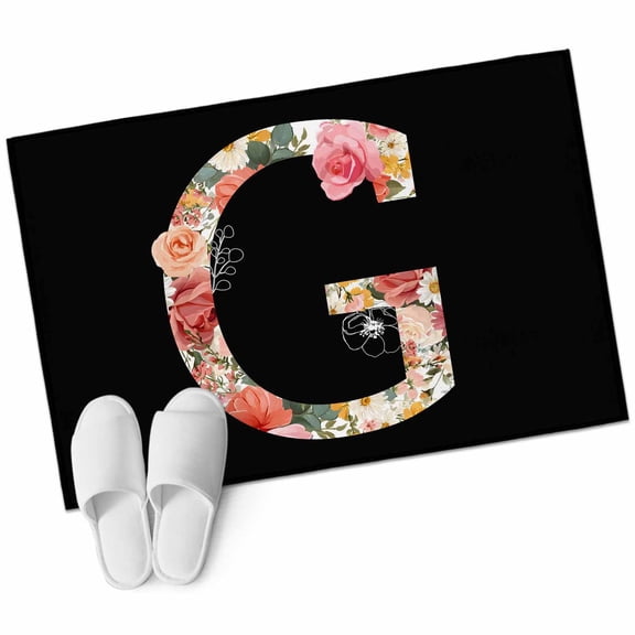 Black Letter G Flower Washable Area Rug 2 x 3 ft Watercolor Alphabet G Pink Beige Floral Leaf, Soft Non Slip Rugs Stain Repellent Indoor Felt Carpet for Living Dining Room Bedroom Home Office
