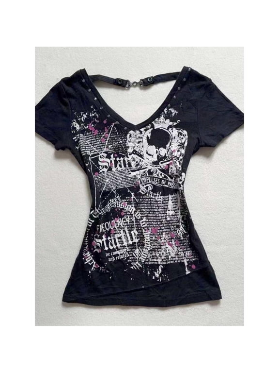 Y2k Crop Tops American Vintage Short Sleeve T-shirt Punk Gothic Rock Black Lace Tops for Women Harajuku Goth Grunge Summer Tees Womenswear Streetwear Tshirt Crewneck