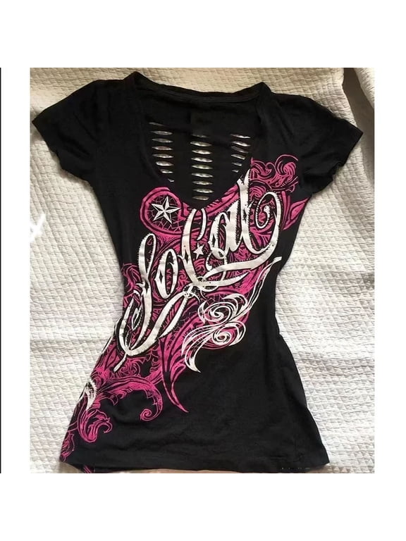Black Letter Goth Sexy Gothic Graphic T-shirt Vintage Women's 90s Clothes Y2k Crop Top Streetwear Tshirts Subculture Tees Punk