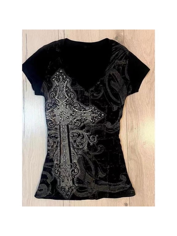 Black Letter Goth Sexy Gothic Graphic T-shirt Vintage Women's 90s Clothes Y2k Crop Top Streetwear Tshirts Subculture Tees Punk