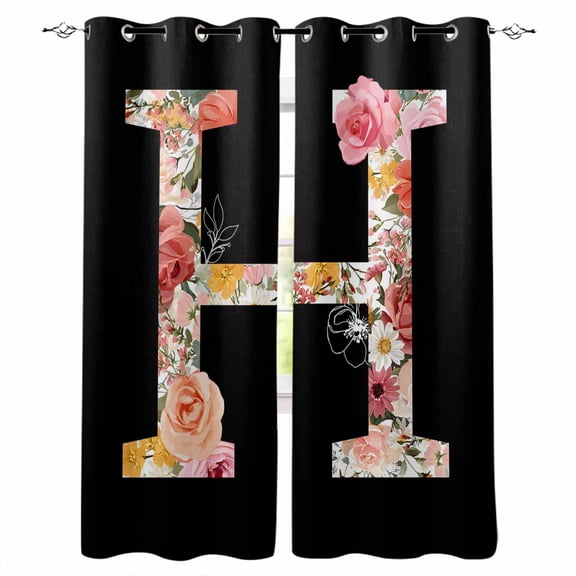 Black Letter H Flower Blackout Curtains 84 Inch Length Watercolor Alphabet H Pink Beige Floral Leaf Thermal Insulated Window Curtain Window Drapes 2 Panels for Bedroom Living Room 52"Wx84"L