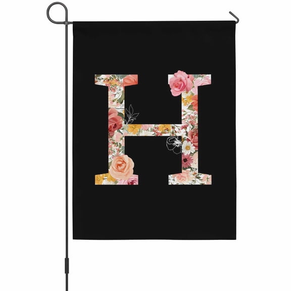 Black Letter H Flower House Flag 28 x 40 Inches, Watercolor Alphabet H Pink Beige Floral Leaf Weather Proof Outdoor Patio Flags Double Sided Small House Decoration for Yard Lawn Outside Home