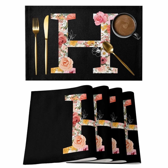 Black Letter H Flower Placemats Set of 1, Watercolor Alphabet H Pink Beige Floral Leaf Non-Slip Place Mats Washable Table Mats for Kitchen Dining Table Decorations Indoor/Outdoor