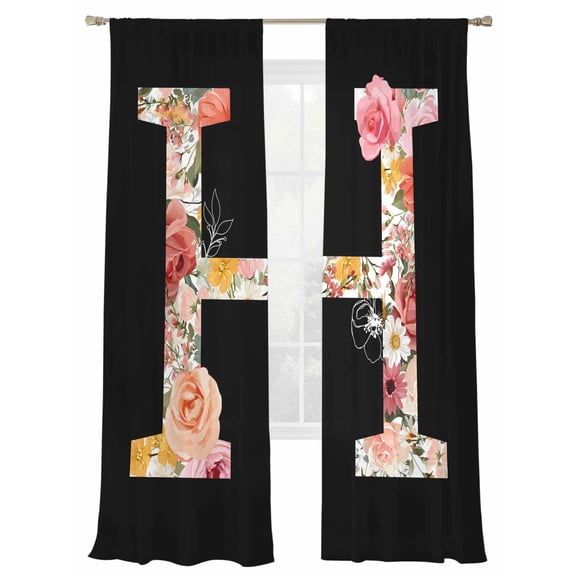 Black Letter H Flower Sheer Curtains 2 Panels Set Watercolor Alphabet H Pink Beige Floral Leaf Sheer Window Curtains Light Filtering Rod Pocket Voile Drapes for Bedroom Living Room 52"X96"