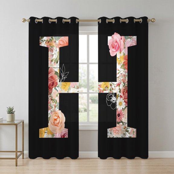 Black Letter H Flower Sheer Curtains 96 Inch Long 2 Panels, Watercolor Alphabet H Pink Beige Floral Leaf Light Filtering Semi Sheer Drapes Grommet Voile Window Curtain for Living Bedroom W52 x L96
