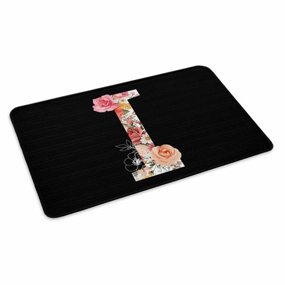 Black Letter I Flower Doormat Watercolor Alphabet I Pink Beige Floral Leaf Non Slip Low Profile Rubber Door Mat Washable Absorbent Indoor Front Door Mat Entryway Rug Entrance Carpet 24x36 Inch
