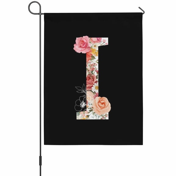 Black Letter I Flower Garden Flag 12 x 18 Inches, Watercolor Alphabet I Pink Beige Floral Leaf Weather Proof Outdoor Patio Flags Double Sided Small Garden Decoration for Yard Outside Home
