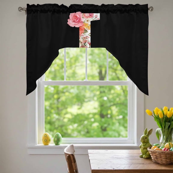 Black Letter I Flower Swag Valances for Kitchen Window, Watercolor Alphabet I Pink Beige Floral Leaf Small Swag Valances Rod Pocket Curtain Drapes Window Treatment for Bedroom Bathroom, 56x36 Inch