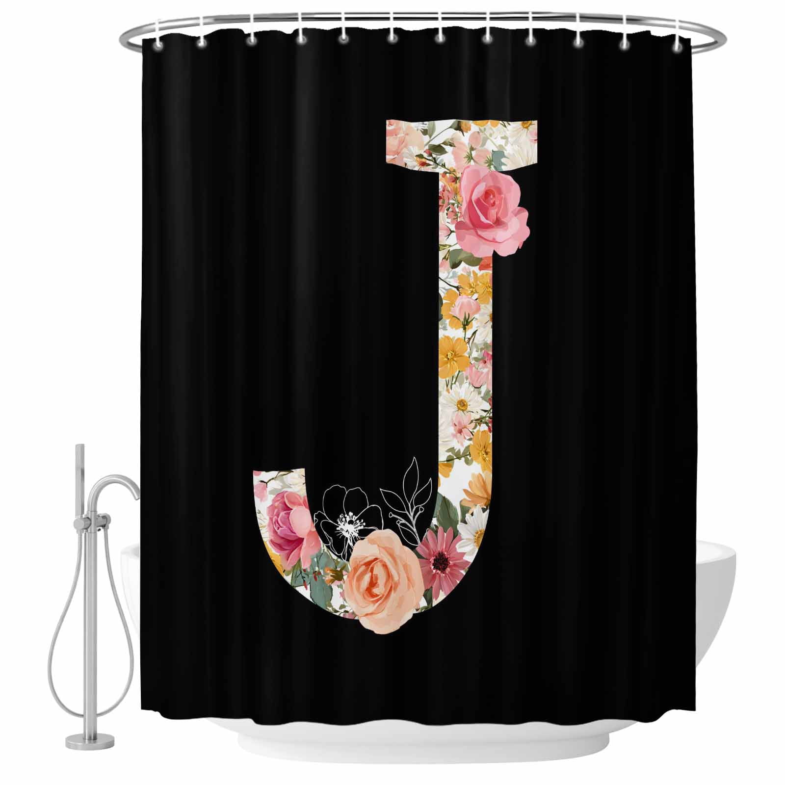 Black Letter J Flower Bathroom Shower Curtains with Hooks, Watercolor Alphabet J Pink Beige Floral Leaf Waterproof Fabric Washable Shower Curtain for Home Hotel Bathtub Decor 72x72 Inch