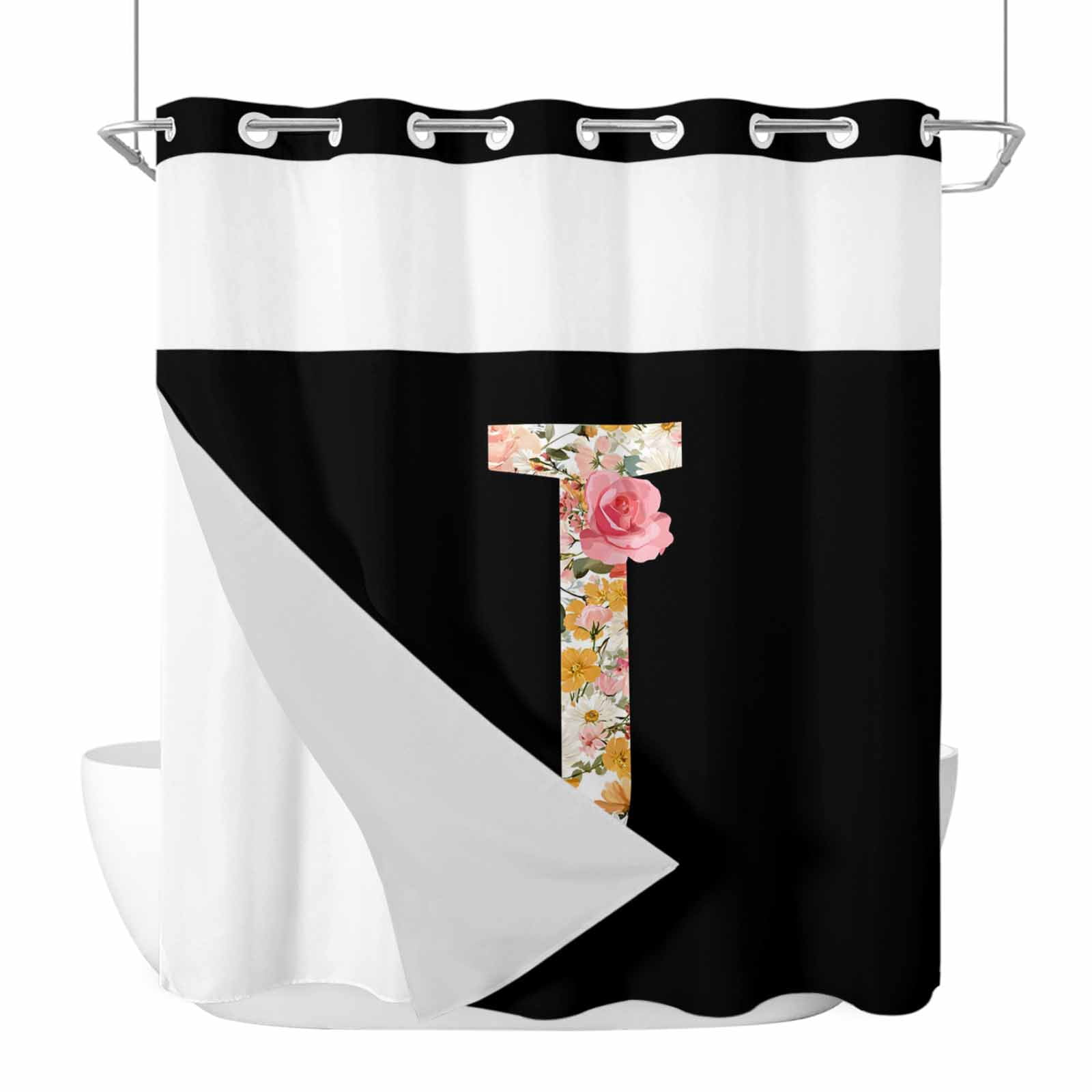 Black Letter J Flower No Hook Shower Curtain with Snap in Liner Watercolor Alphabet J Pink Beige Floral Leaf Waterproof Bathroom Shower Curtain with See Through Top Window for Bathtub 72" x 72"