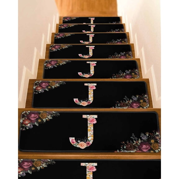 Black Letter J Flower Stair Treads Watercolor Alphabet J Pink Beige Floral Leaf Indoor Non Slip Peel and Stick Stair Treads for Wooden Steps 4 PCS, Soft Adhesive Staircase Mats Runner Rugs 8"x30"