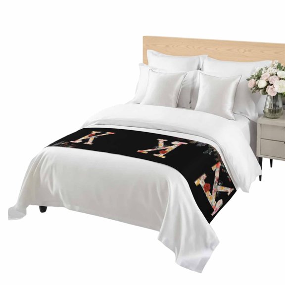 Black Letter K Flower Bed Runner Twin Size Watercolor Alphabet K Pink Beige Floral Leaf Soft Bed Scarf for Foot of Bed, Decorative Bedding Scarf Protection for Hotel Home Bedroom 71 x 20 Inch