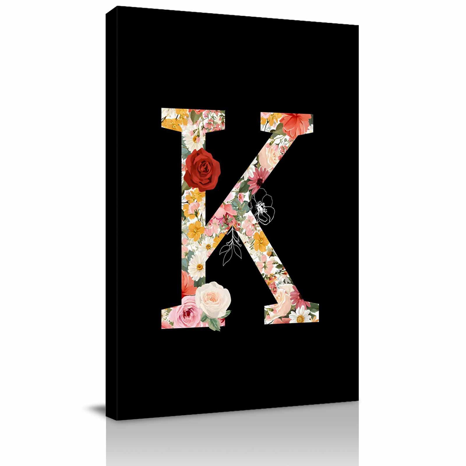 Black Letter K Flower Canvas Wall Art for Living Room, Watercolor ...