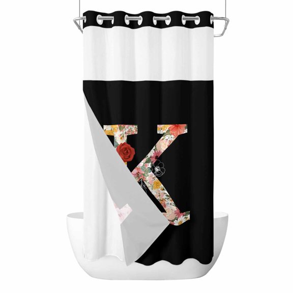Black Letter K Flower No Hook Shower Curtain with Snap in Liner Watercolor Alphabet K Pink Beige Floral Leaf Waterproof Bathroom Shower Curtain with See Through Top Window for Bathtub 36" x 72"