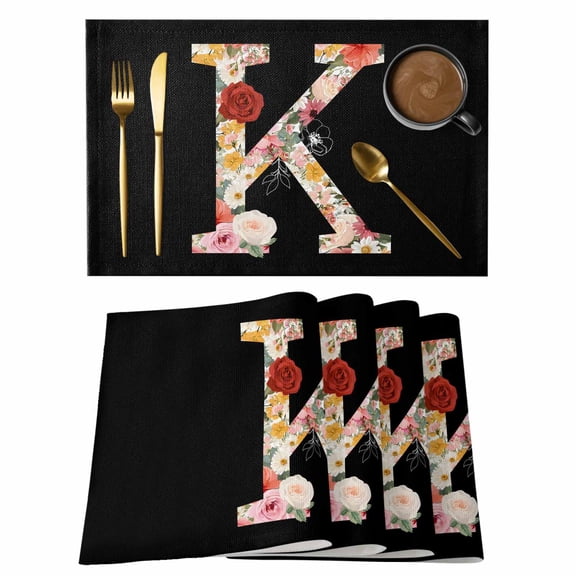 Black Letter K Flower Placemats Set of 1, Watercolor Alphabet K Pink Beige Floral Leaf Non-Slip Place Mats Washable Table Mats for Kitchen Dining Table Decorations Indoor/Outdoor