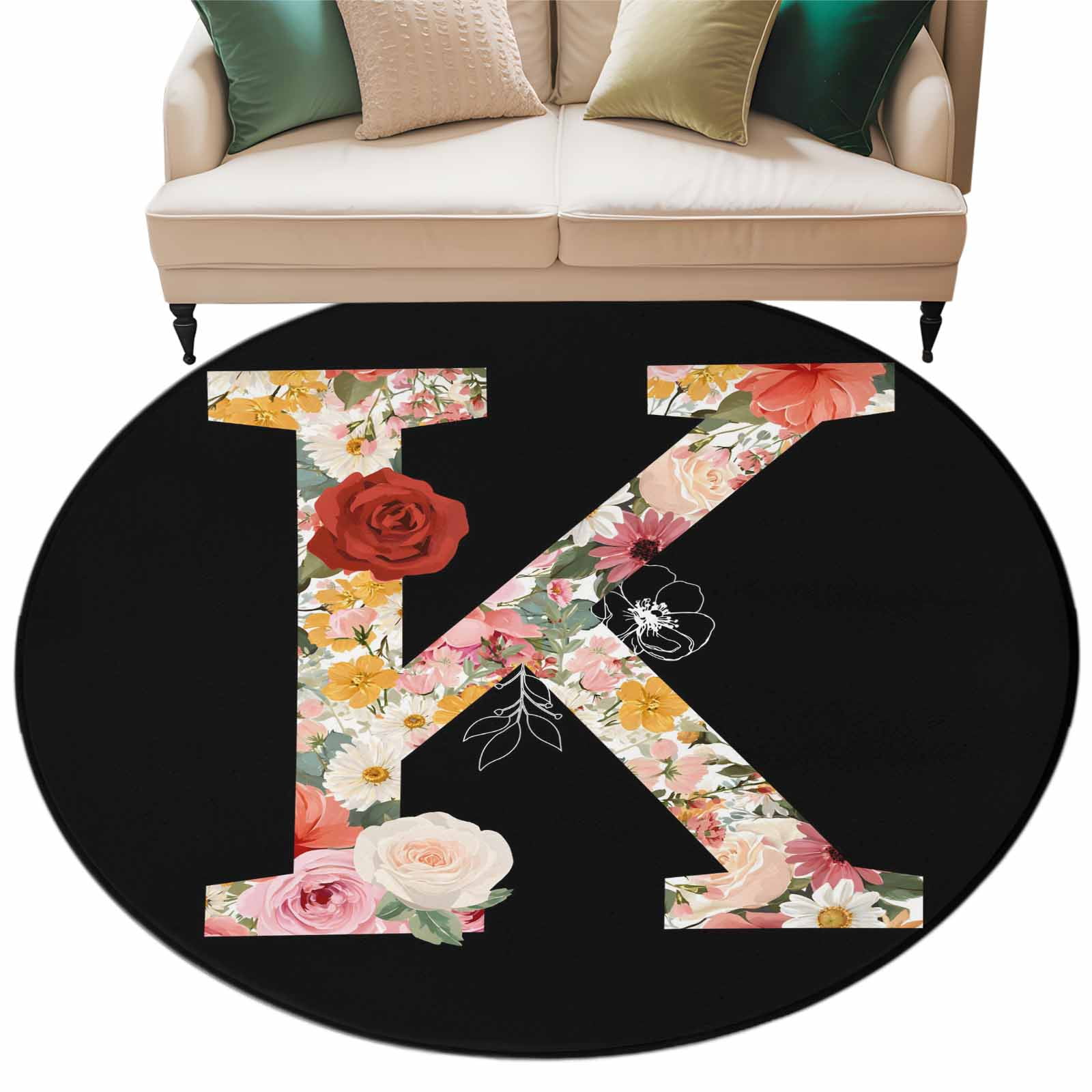 Black Letter K Flower Washable Round Area Rug 5 ft, Watercolor Alphabet ...