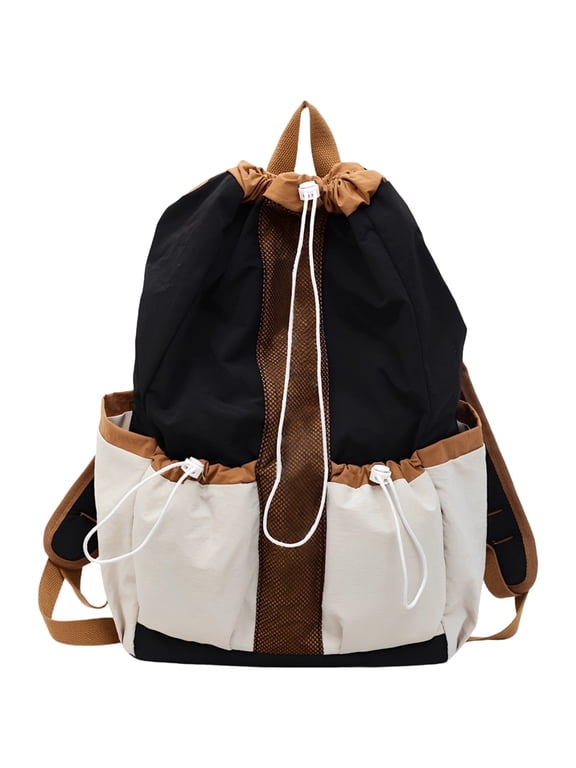 Black Letter Lightweight Fabric Hiking Backpack, 17.7 x 10.6 x 5.1 in / 45 x 27 x 13 cm Drawstring Rucksack, Color Block Fashion Travel Bag for Women, Handbag