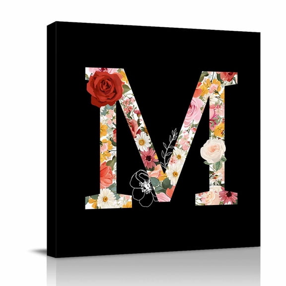 Black Letter M Flower Canvas Wall Art for Living Room, Watercolor Alphabet M Pink Beige Floral Leaf Wall Decor Framed Artwork Pictures Ready to Hang for Bedroom Office Home Decor