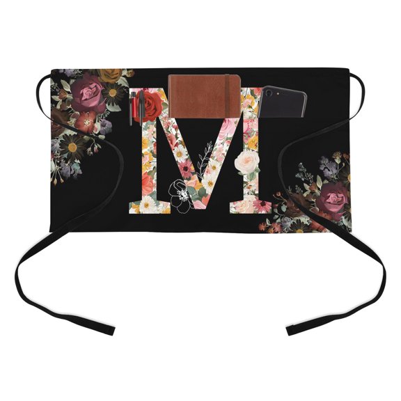 Black Letter M Flower Half Waist Apron Watercolor Alphabet M Pink Beige Floral Leaf Short Waiter Aprons with 3 Pockets for Women Men Kitchen Restaurant Cooking