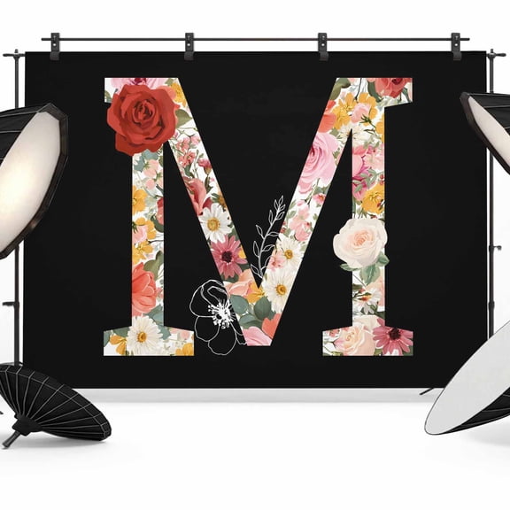 Black Letter M Flower Photography Backdrop 7x5FT, Watercolor Alphabet M Pink Beige Floral Leaf Photo Backdrops, Background for Photography Studio Photo Studio Background, Back Drop for Photoshoot