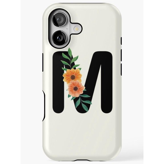 Black Letter M with Orange Flowers Tough Case for Apple iPhone, Polycarbonate and TPU