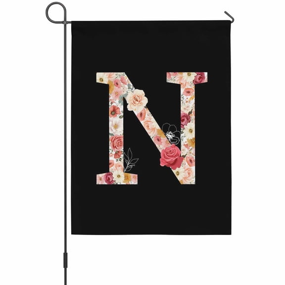 Black Letter N Flower Garden Flag 12 x 18 Inches, Watercolor Alphabet N Pink Beige Floral Leaf Weather Proof Outdoor Patio Flags Double Sided Small Garden Decoration for Yard Outside Home