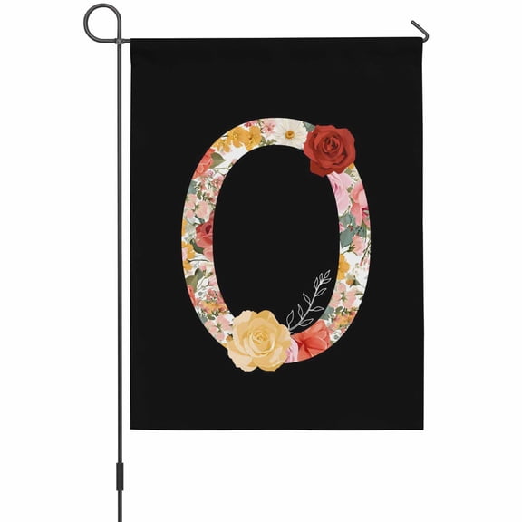 Black Letter O Flower Garden Flag 12 x 18 Inches, Watercolor Alphabet O Pink Beige Floral Leaf Weather Proof Outdoor Patio Flags Double Sided Small Garden Decoration for Yard Outside Home