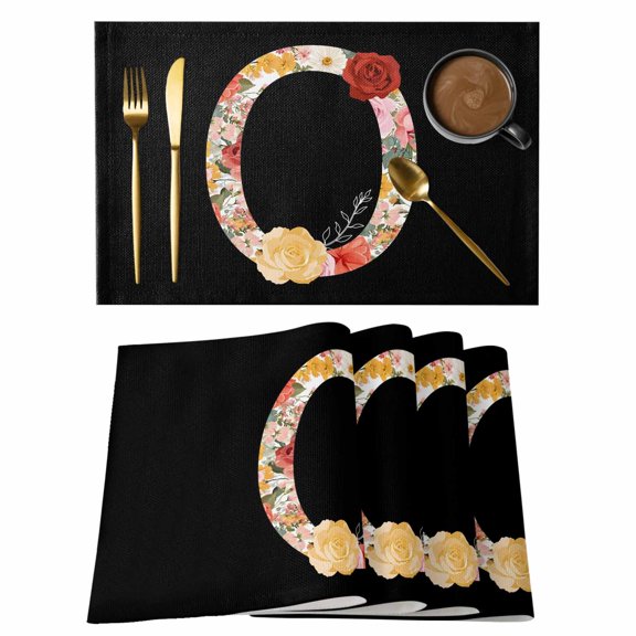 Black Letter O Flower Placemats Set of 1, Watercolor Alphabet O Pink Beige Floral Leaf Non-Slip Place Mats Washable Table Mats for Kitchen Dining Table Decorations Indoor/Outdoor