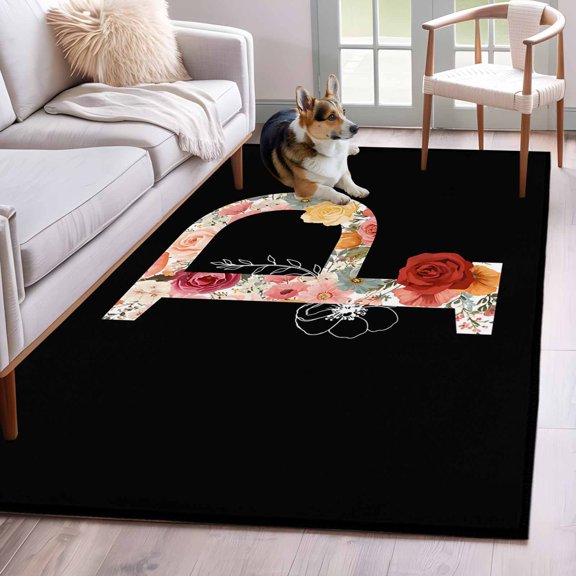 Black Letter P Flower Area Rugs 4x6 ft Watercolor Alphabet P Pink Beige Floral Leaf Washable Rug Non Slip Indoor Carpet Absorbent Floor Mat for Living Room Bedroom Dining Room